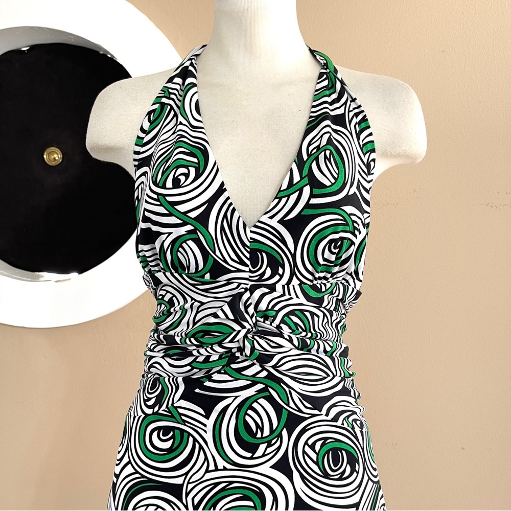 Abstract Print Halter Dress with Cinched Bust & A-Line Skirt — Machine Washable, - Picture 2 of 12